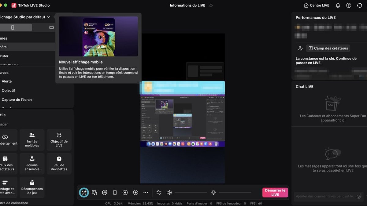 Interface du logiciel TikTok LIVE Studio en cours d'utilisation