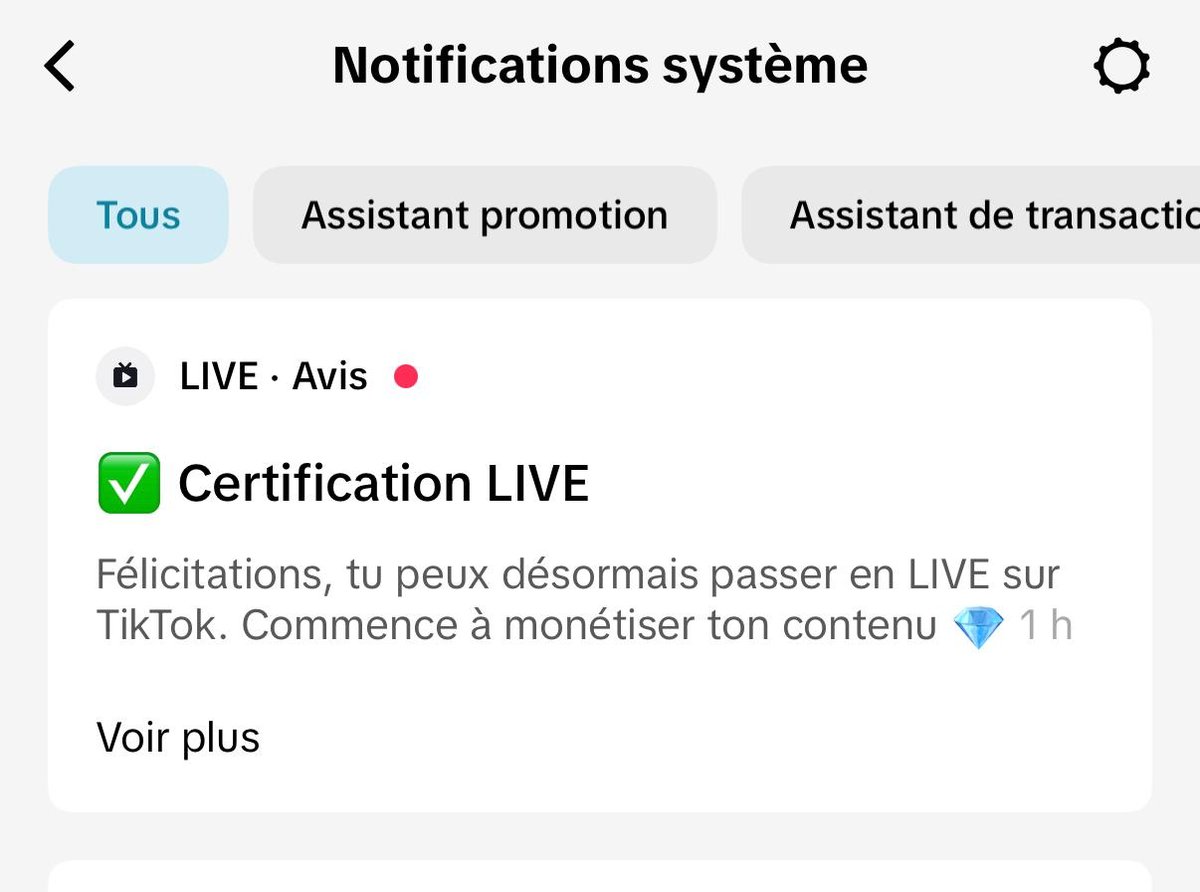 Notification TikTok Certification LIVE autorisant les lives