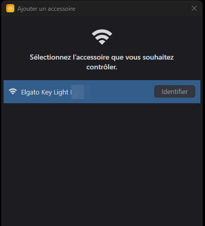 Fenêtre Ajouter un accessoire d'Elgato Control Center affichant une Key Light détectée