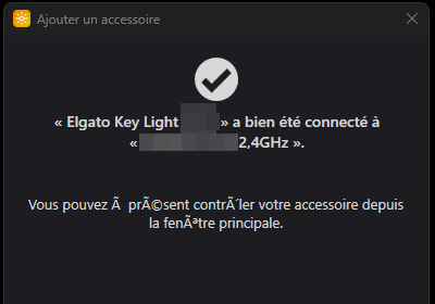 Message de confirmation indiquant que la Key Light a bien été connectée au réseau 2,4 GHz