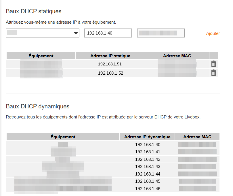 Section des réservations DHCP de la box avec les deux Key Light enregistrées avec une adresse IP fixe