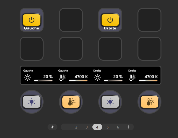 Page du Stream Deck avec les boutons Gauche et Droite des Key Light et les molettes de luminosité et de température