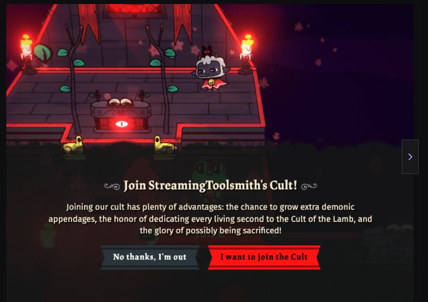 Encart Twitch de l'extension Companion of the Lamb invitant les spectateurs à rejoindre le culte du streameur