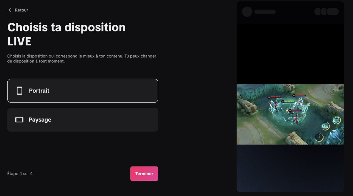 Choix de la disposition LIVE portrait ou paysage avec aperçu en direct