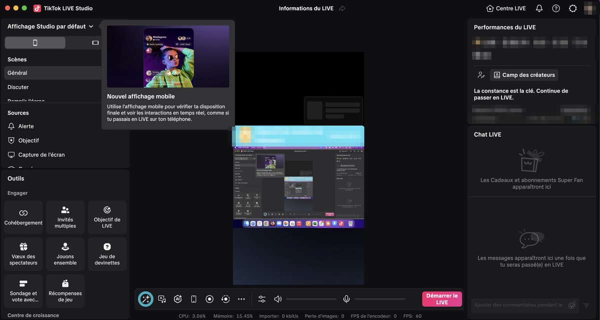 Interface principale de TikTok LIVE Studio avec scènes, sources, aperçu et chat