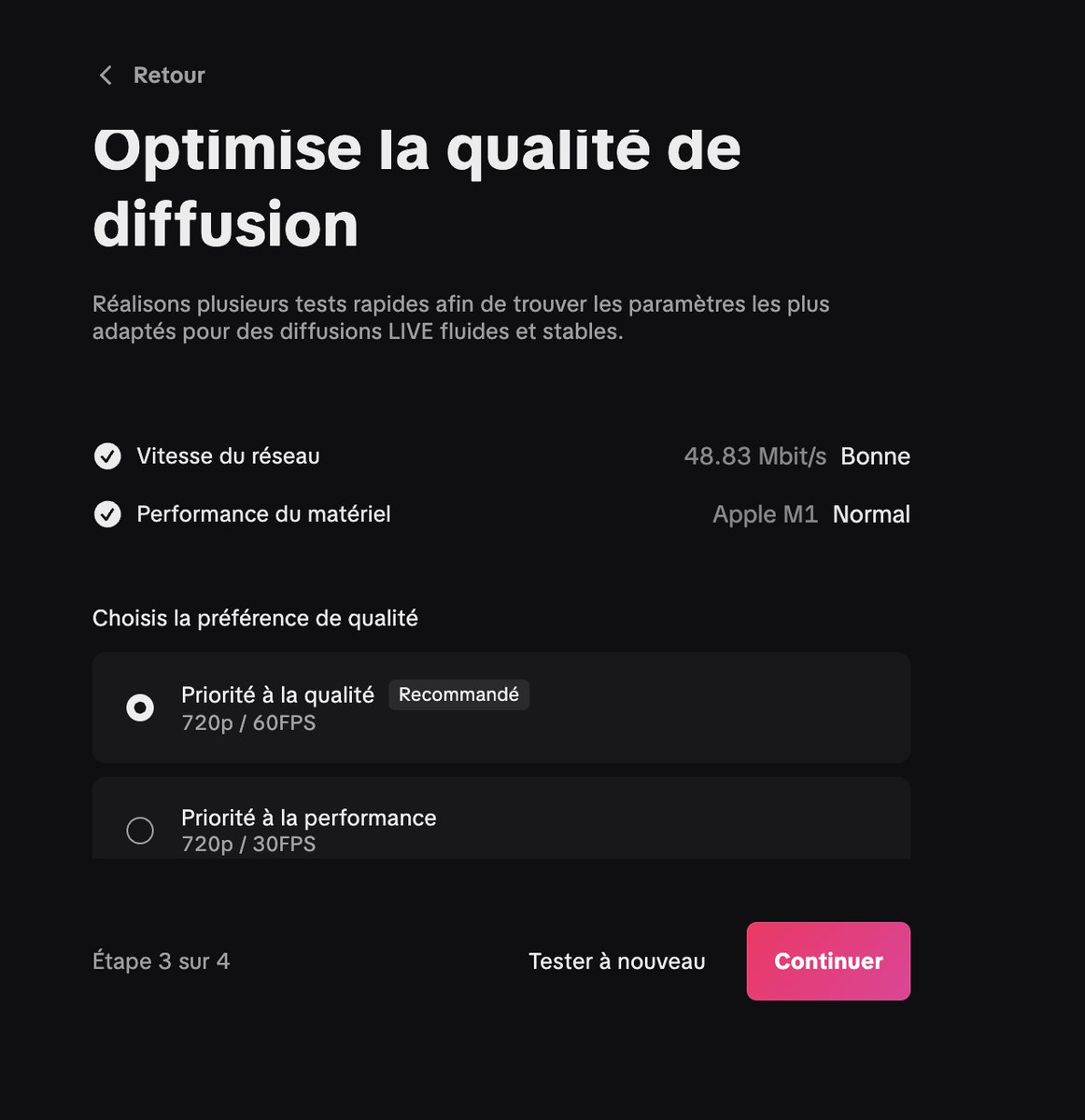 Test automatique de la qualité de diffusion dans TikTok LIVE Studio avec recommandation 720p 60FPS