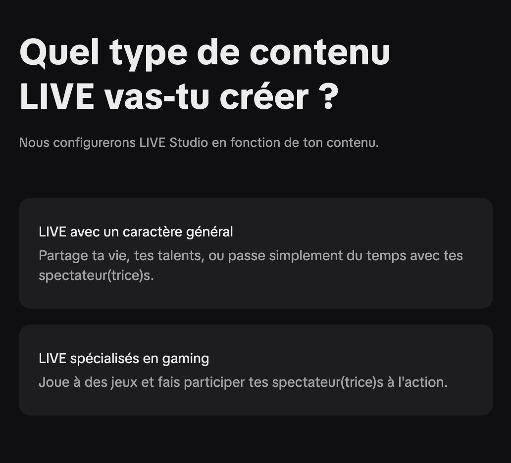 Choix du type de contenu LIVE dans l'assistant de configuration : général ou gaming